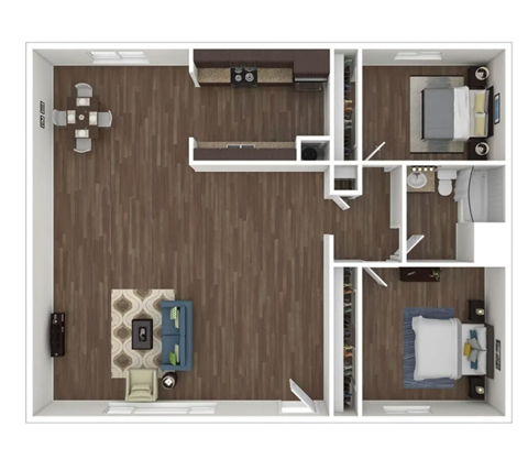 Floor plan for 2 beds, 1 bath, 850 sqft